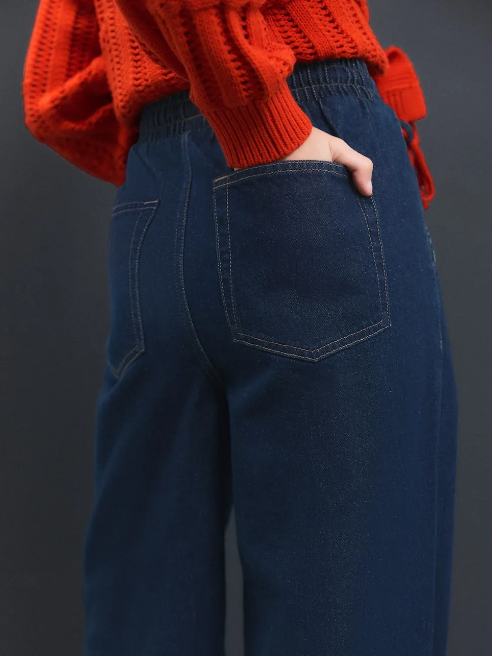 Dark Blue Pintuck Wide Leg Denim Joggers