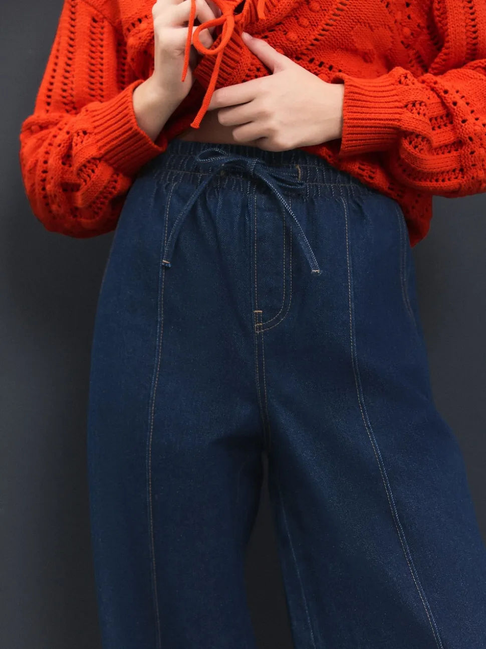 Dark Blue Pintuck Wide Leg Denim Joggers