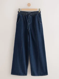 Dark Blue Pintuck Wide Leg Denim Joggers