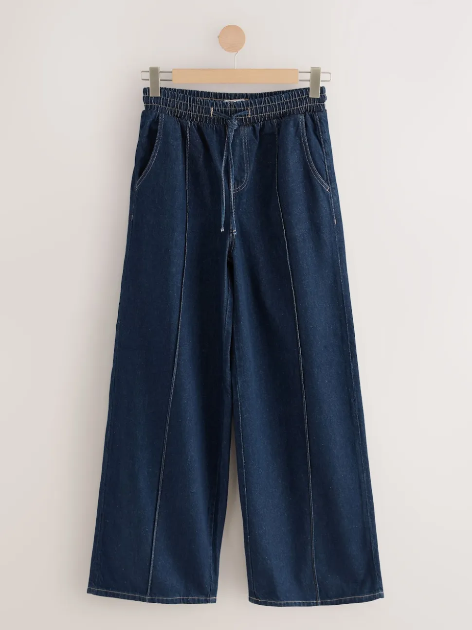 Dark Blue Pintuck Wide Leg Denim Joggers