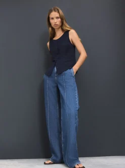 Dark Blue Seam Front Straight Leg Jeans