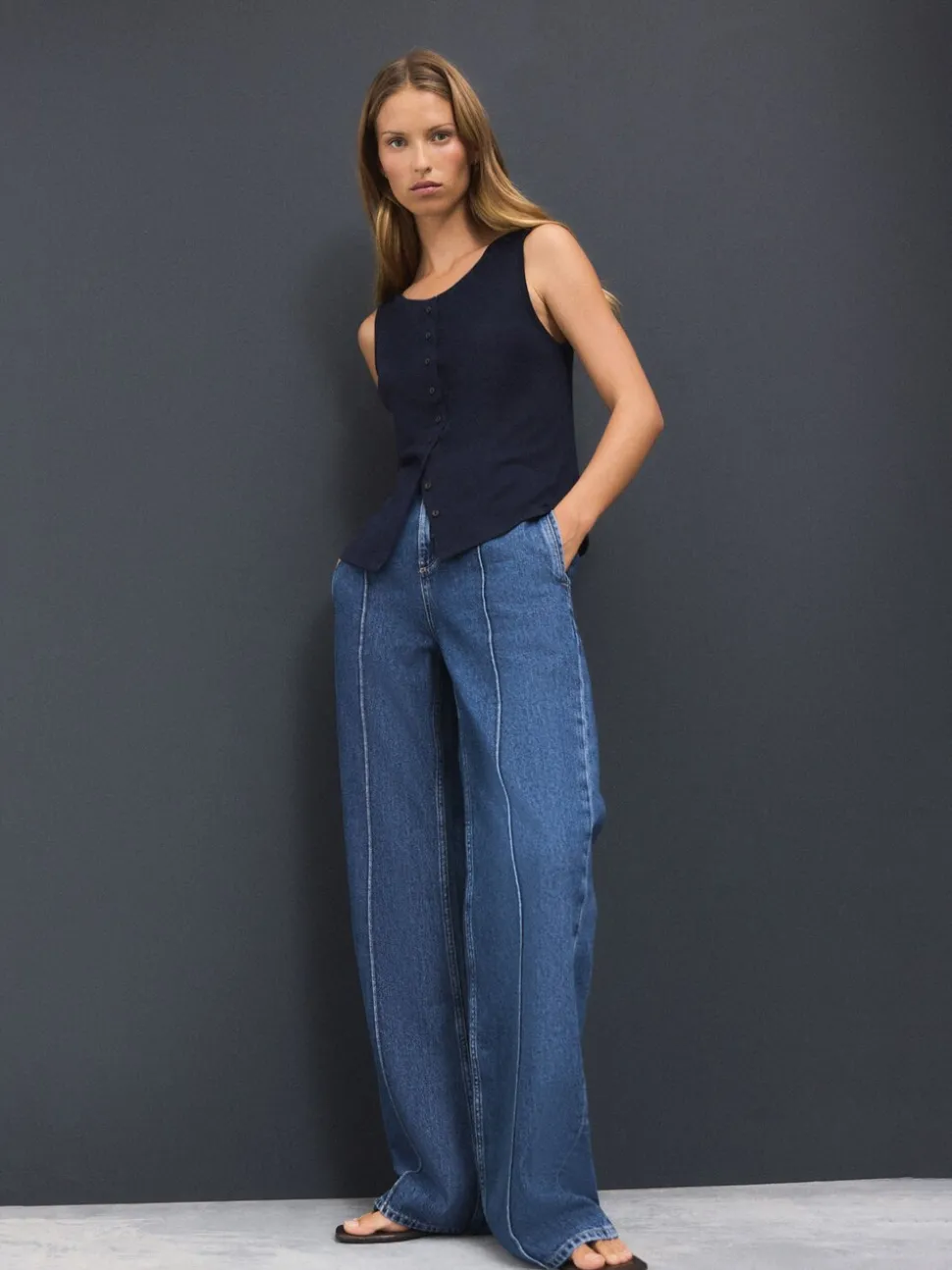 Dark Blue Seam Front Straight Leg Jeans