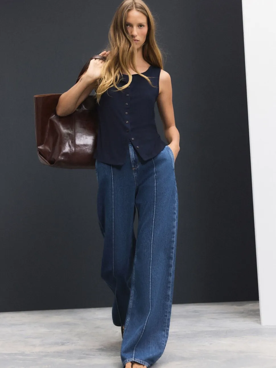 Dark Blue Seam Front Straight Leg Jeans