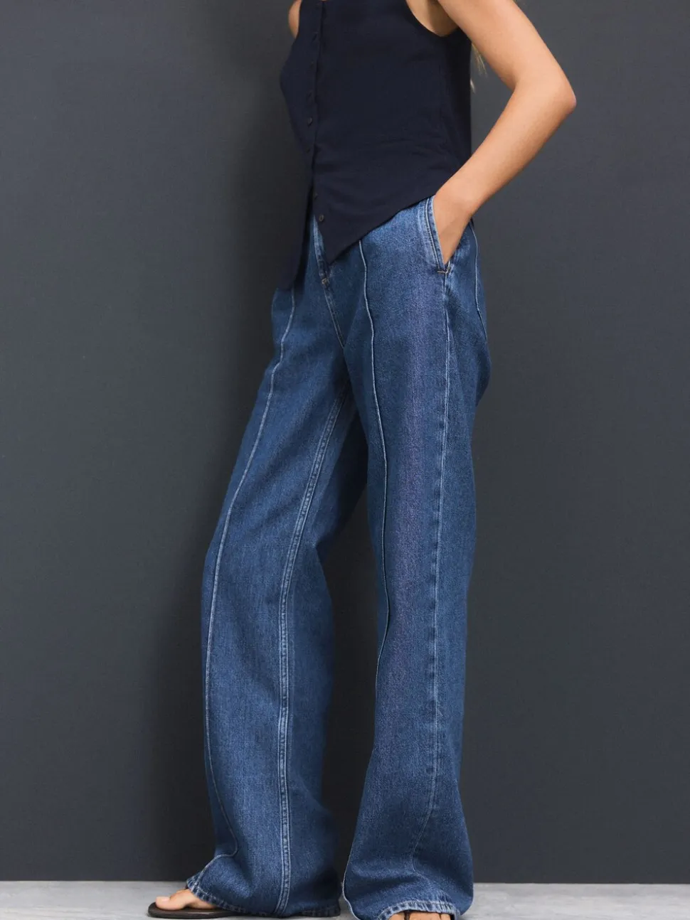 Dark Blue Seam Front Straight Leg Jeans