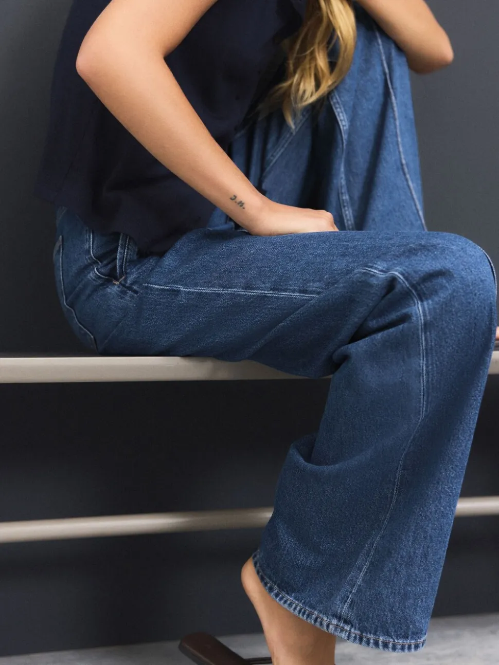 Dark Blue Seam Front Straight Leg Jeans
