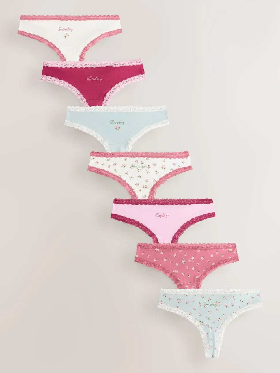 Days of the Week Thong Cotton and Lace Knickers 7 Pack