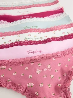 Days of the Week Thong Cotton and Lace Knickers 7 Pack