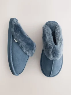 Denim Blue Faux Fur Lined Suede Mule Slippers