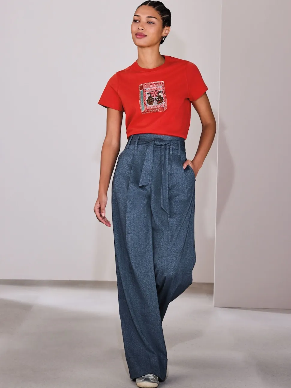 Denim Look Superwide Belted Trousers