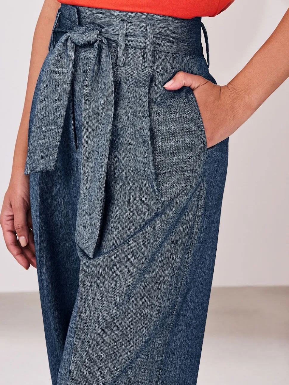 Denim Look Superwide Belted Trousers