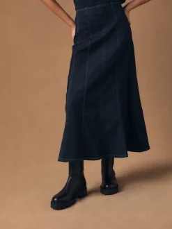 Denim Rinse Full Seamed Midi Skirt