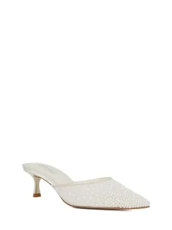Dune London White Cuddling Bridal Mesh Kitten Mule Heels