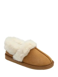 Dunlop Brown Faux Suede Collar Full Slippers