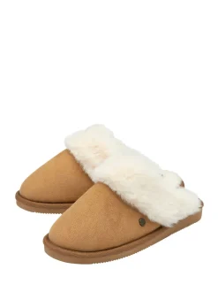 Dunlop Brown Faux Suede Mule Slippers Fur Collar