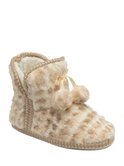 Dunlop Cream Faux Bootie Pom Pom Slippers