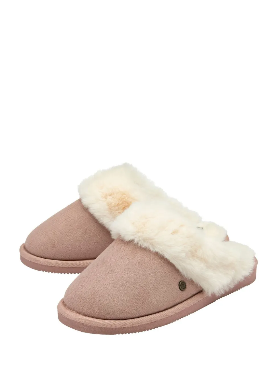 Dunlop Pink Faux Suede Mule Slippers Fur Collar