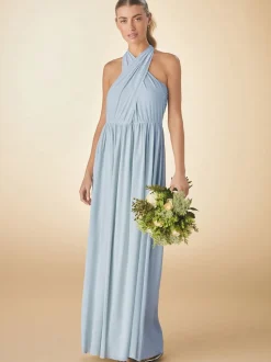 Dusky Blue Mesh Multiway Wedding Guest Bridesmaid Maxi Dress