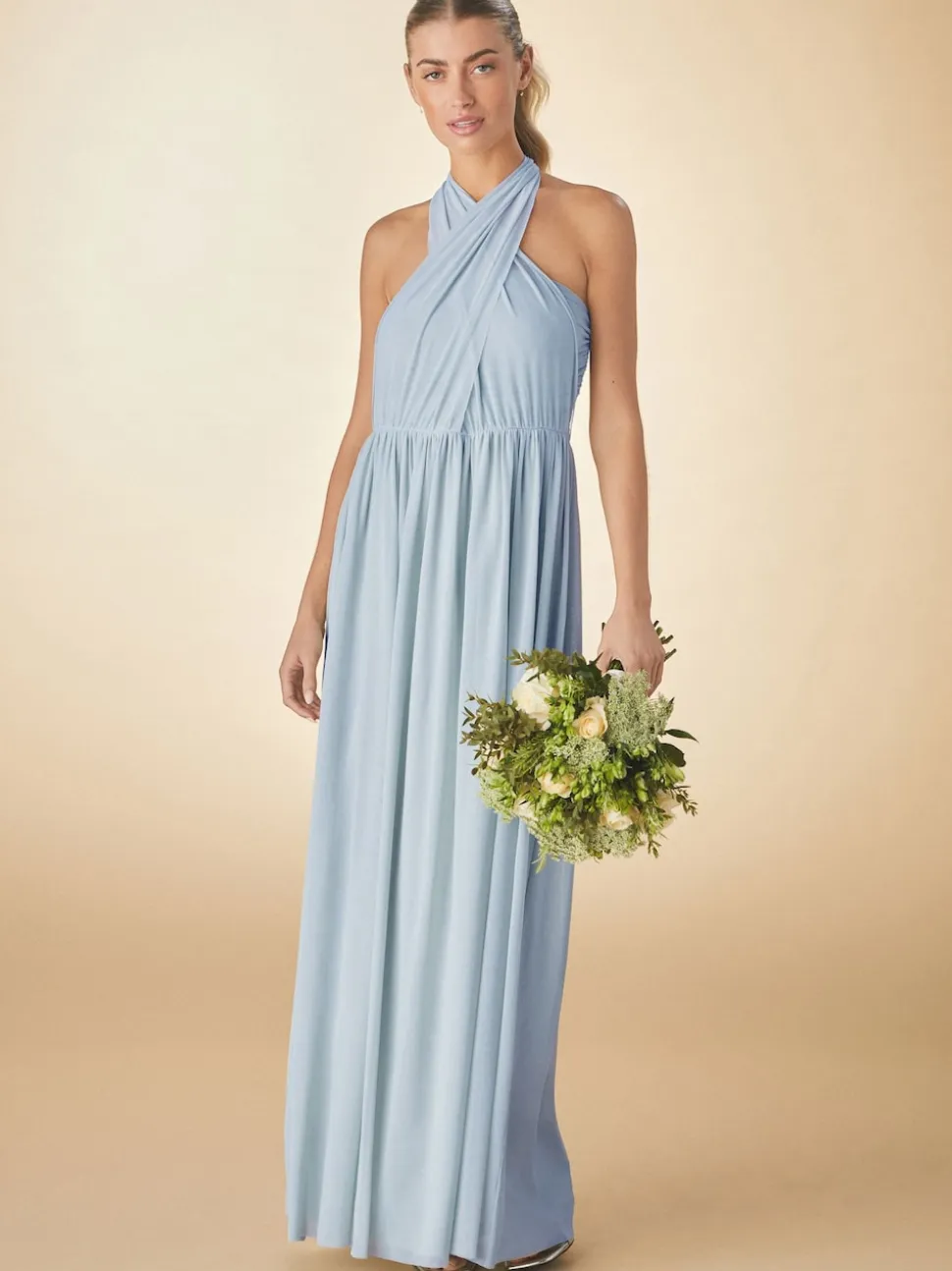 Dusky Blue Mesh Multiway Wedding Guest Bridesmaid Maxi Dress