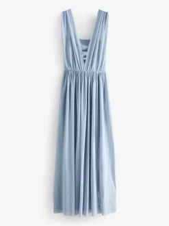 Dusky Blue Mesh Multiway Wedding Guest Bridesmaid Maxi Dress