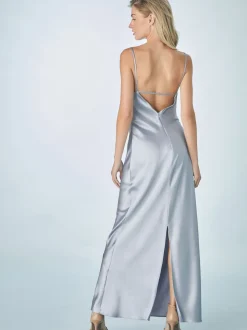Dusky Blue Satin Cowl Neck Wedding Guest Bridesmaid Maxi Dress