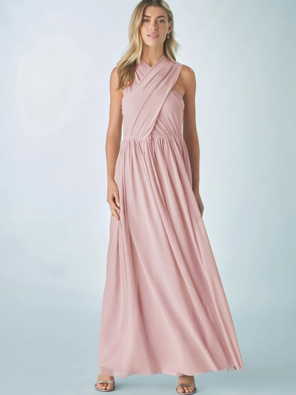 Dusky Pink Mesh Multiway Wedding Guest Bridesmaid Maxi Dress