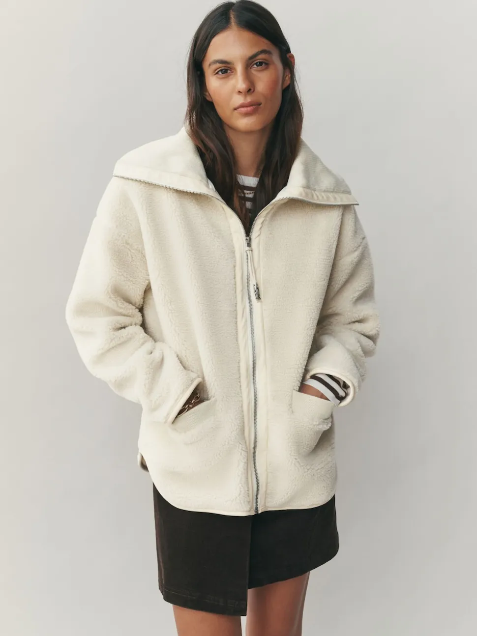 Ecru Borg Zip Through Fleece With Rib Collar