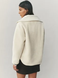 Ecru Borg Zip Through Fleece With Rib Collar