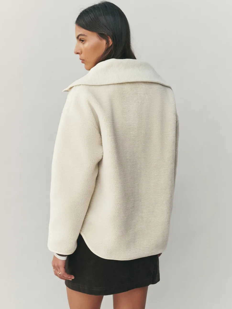 Ecru Borg Zip Through Fleece With Rib Collar