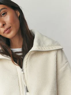 Ecru Borg Zip Through Fleece With Rib Collar