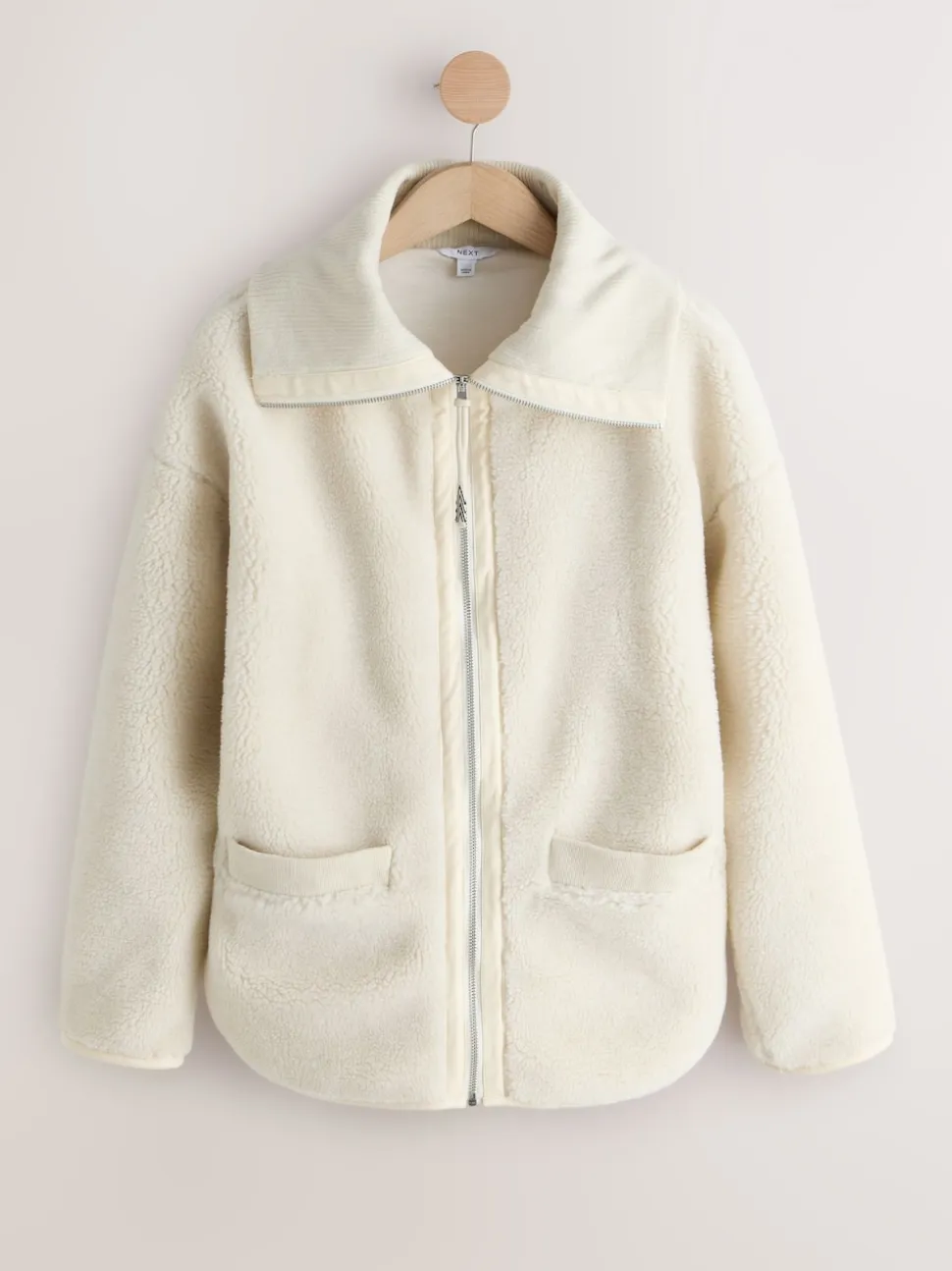 Ecru Borg Zip Through Fleece With Rib Collar