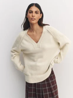 Ecru Cotton And Wool Blend Longline V-Neck Jumper