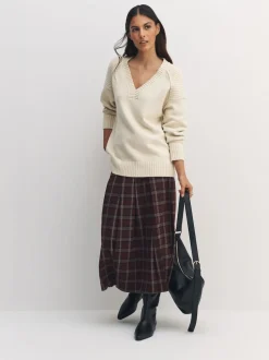 Ecru Cotton And Wool Blend Longline V-Neck Jumper