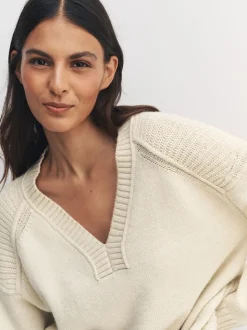 Ecru Cotton And Wool Blend Longline V-Neck Jumper