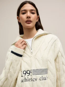 Ecru Cream Cable Zip Neck 1995 Graphic Jumper
