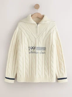 Ecru Cream Cable Zip Neck 1995 Graphic Jumper