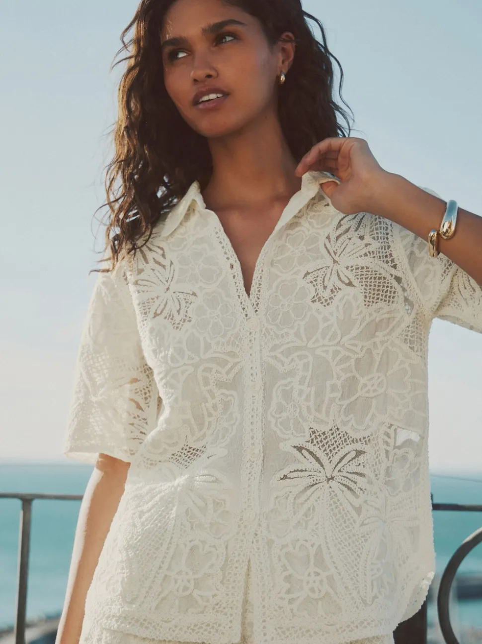 Ecru Crochet Short Sleeve Shirt