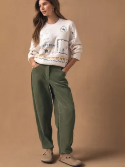 Ecru Embroidered Crew Neck Knitted Jumper with Wool