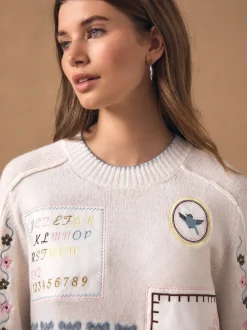 Ecru Embroidered Crew Neck Knitted Jumper with Wool