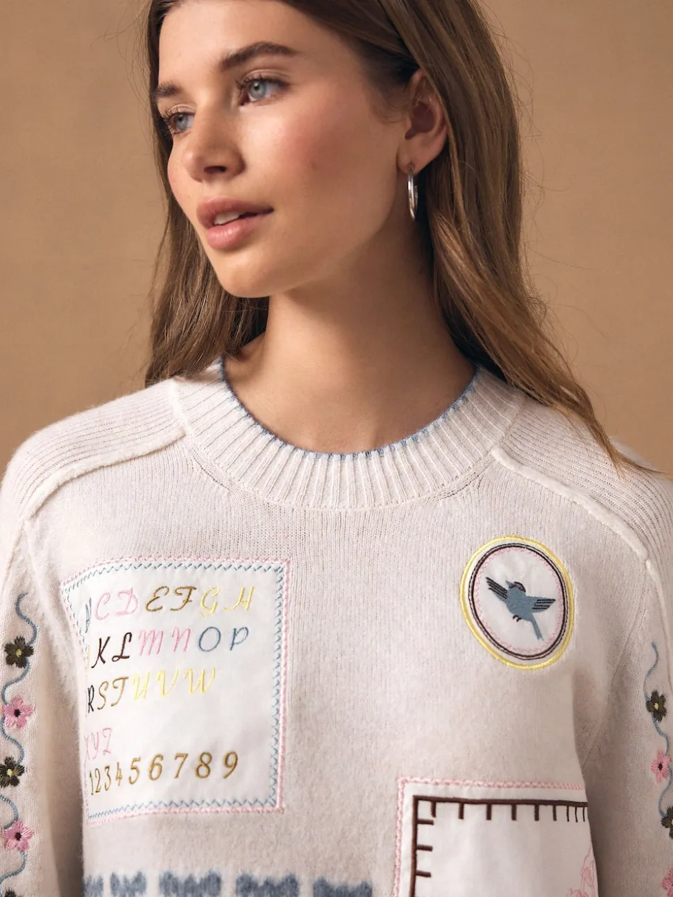 Ecru Embroidered Crew Neck Knitted Jumper with Wool