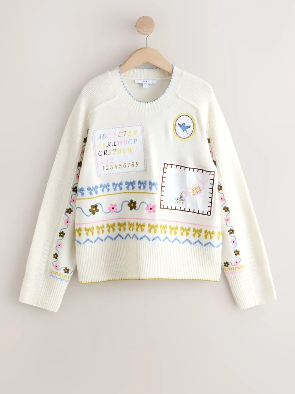 Ecru Embroidered Crew Neck Knitted Jumper with Wool