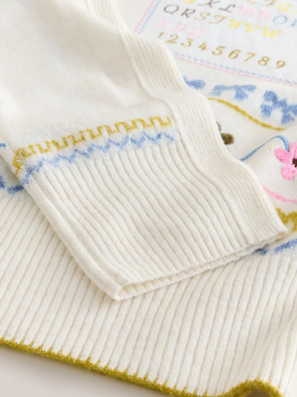Ecru Embroidered Crew Neck Knitted Jumper with Wool