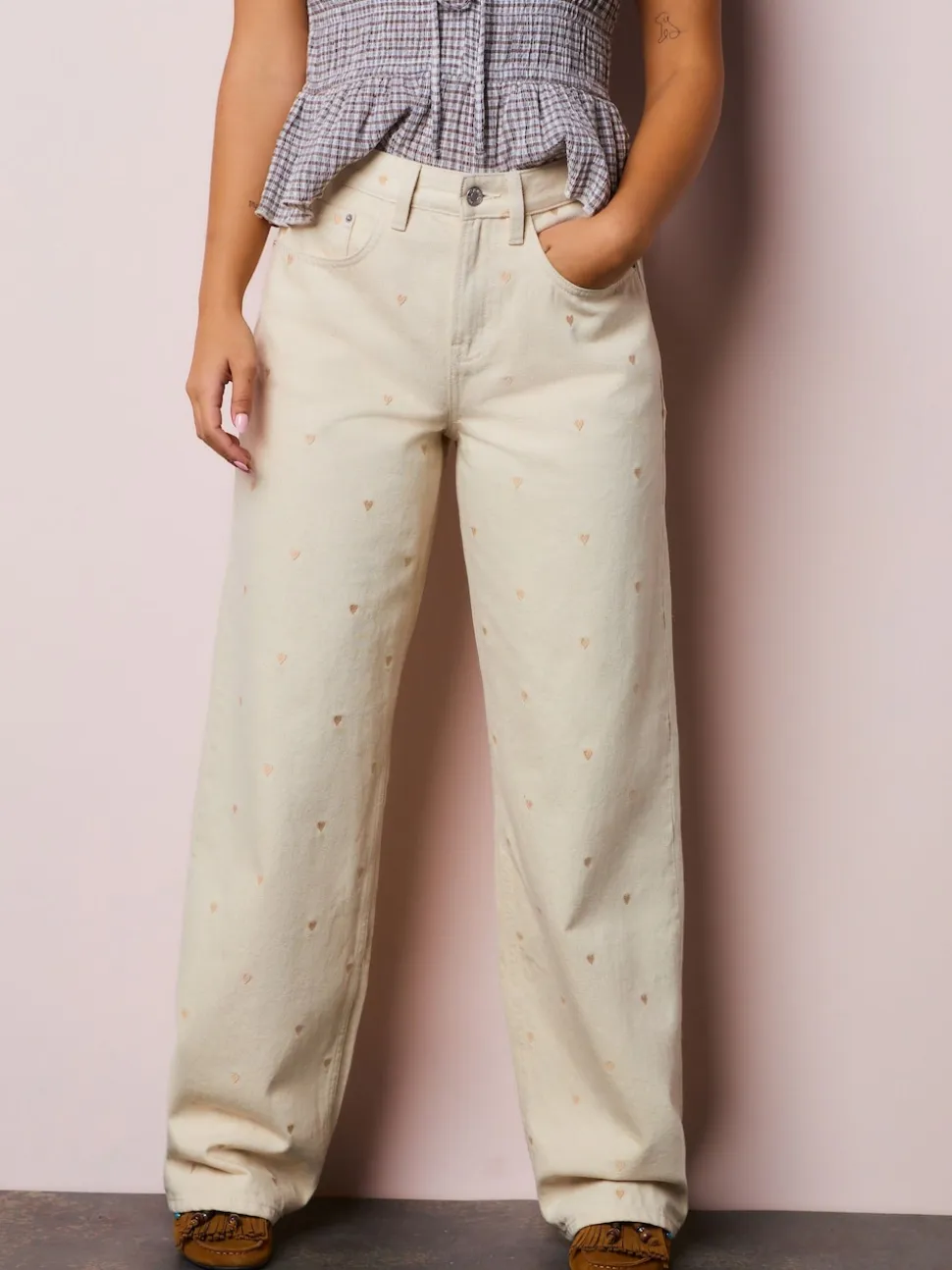Ecru Embroidered Heart Wide Leg Jeans