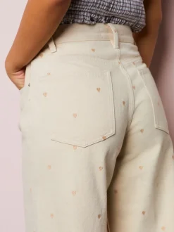 Ecru Embroidered Heart Wide Leg Jeans