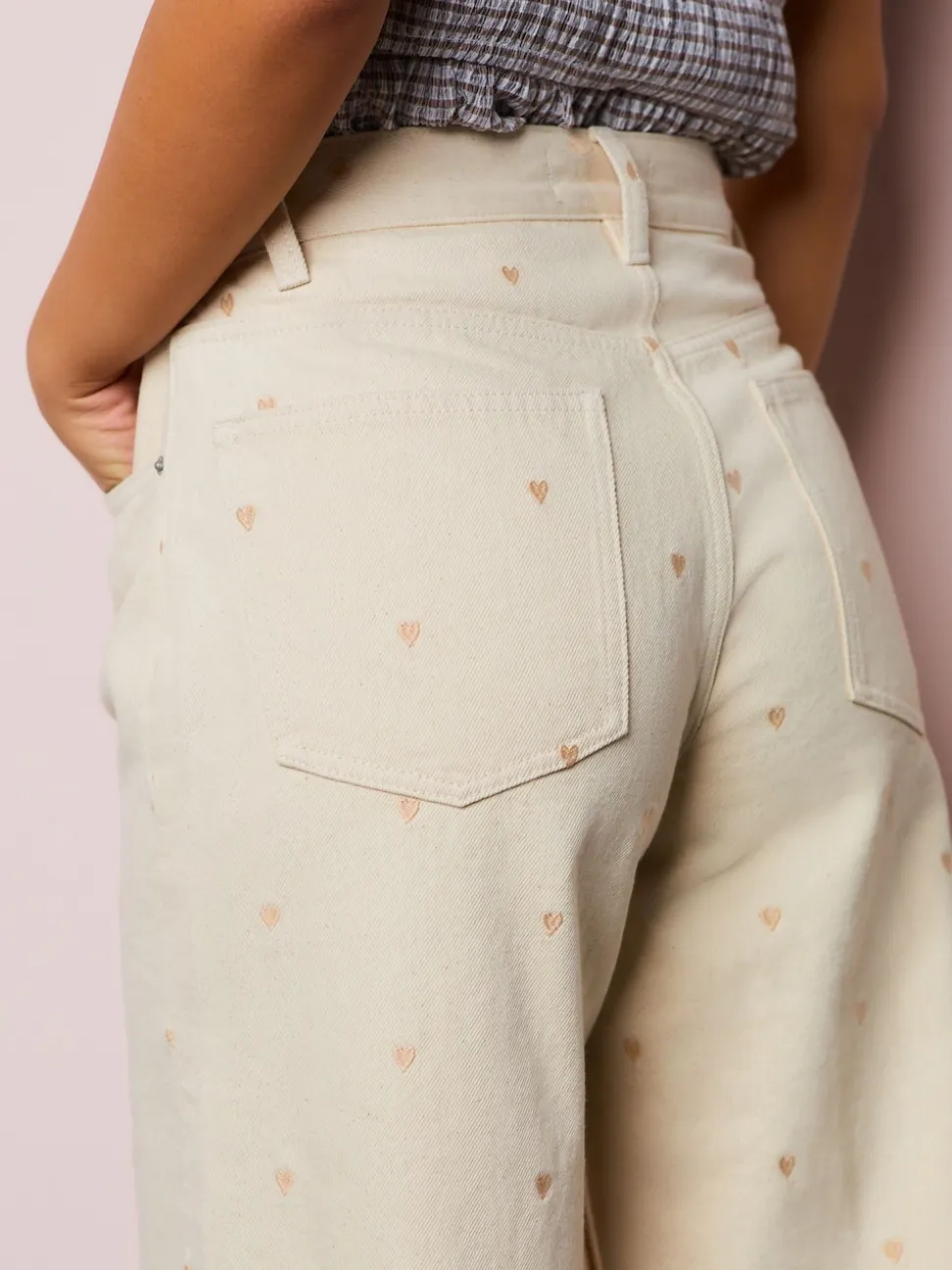 Ecru Embroidered Heart Wide Leg Jeans