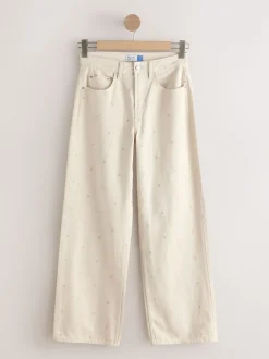 Ecru Embroidered Heart Wide Leg Jeans