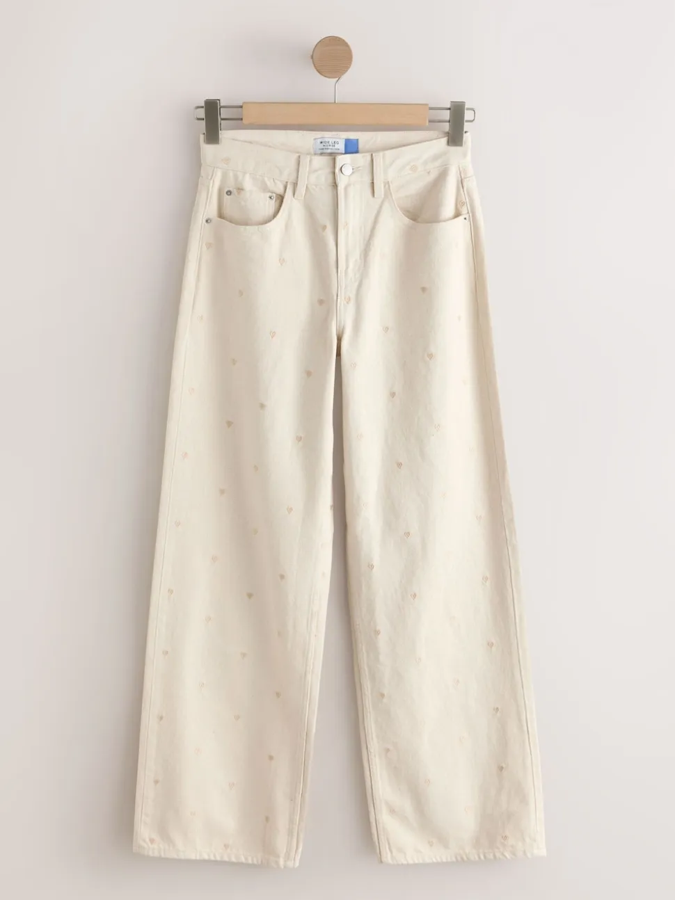 Ecru Embroidered Heart Wide Leg Jeans