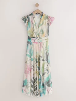 Ecru Floral Pleated Mesh Print V-Neck Occasion Maxi Dress