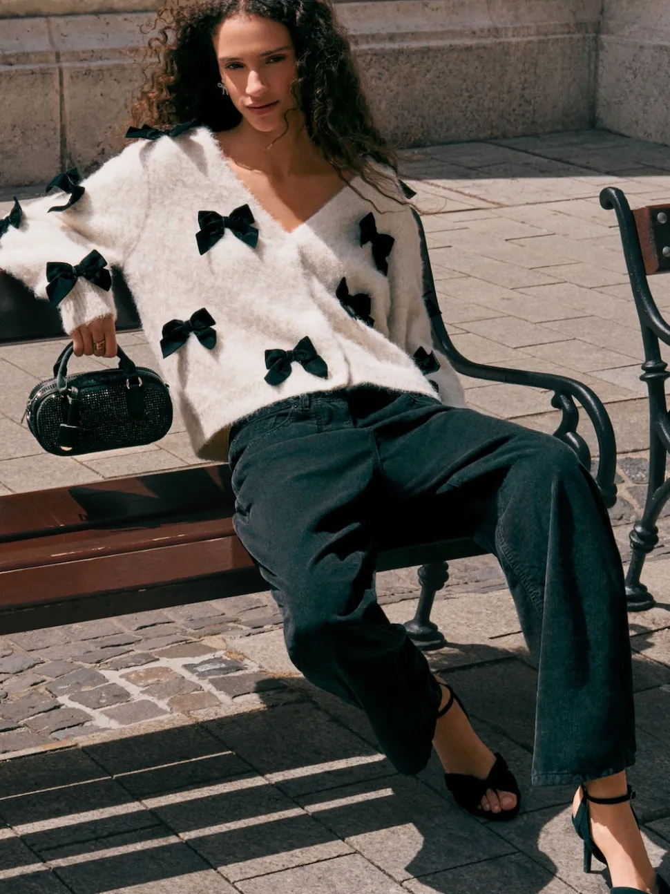 Ecru Knitted Velvet Bow Cardigan With Wool