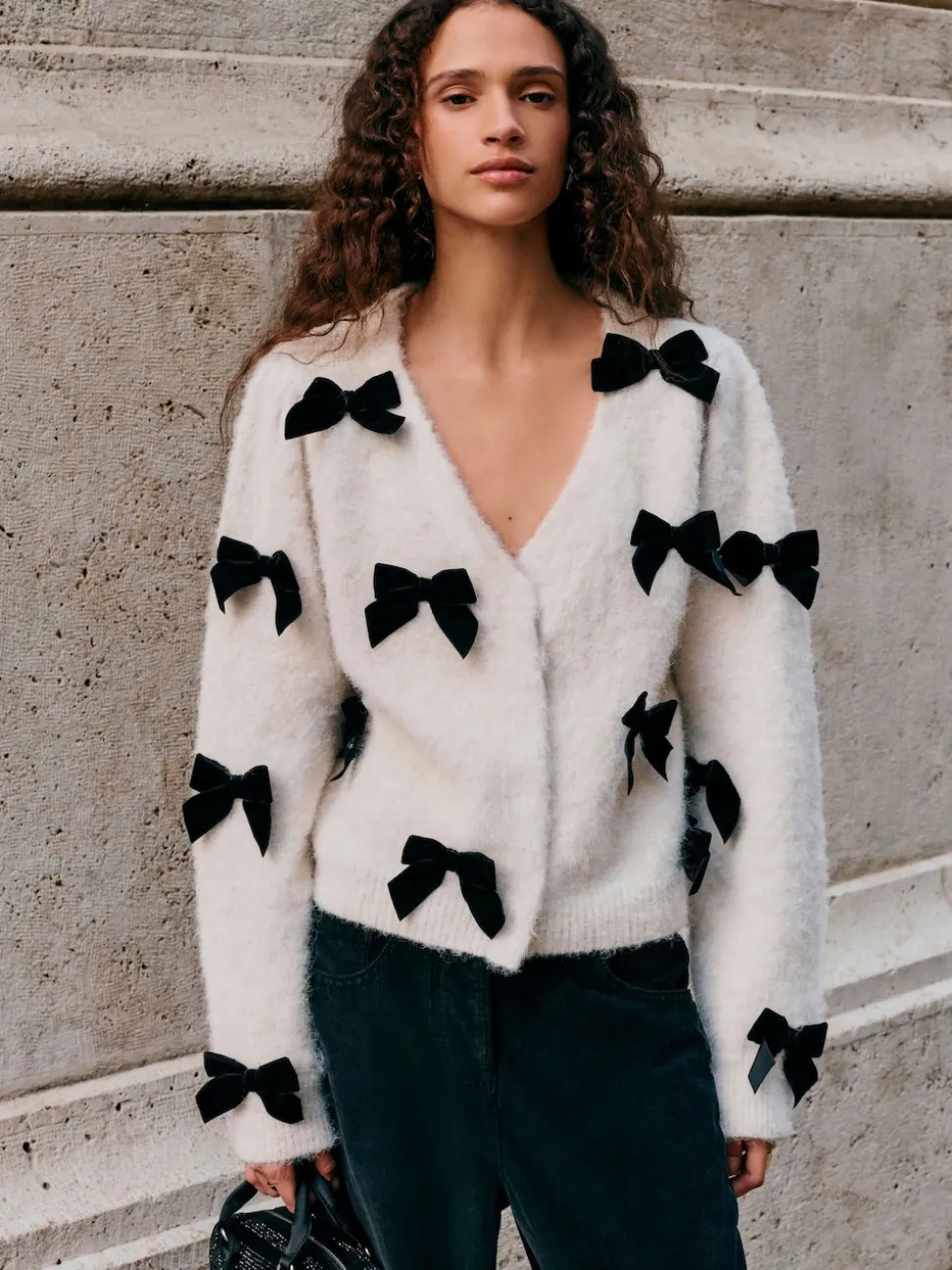Ecru Knitted Velvet Bow Cardigan With Wool