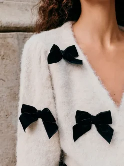 Ecru Knitted Velvet Bow Cardigan With Wool